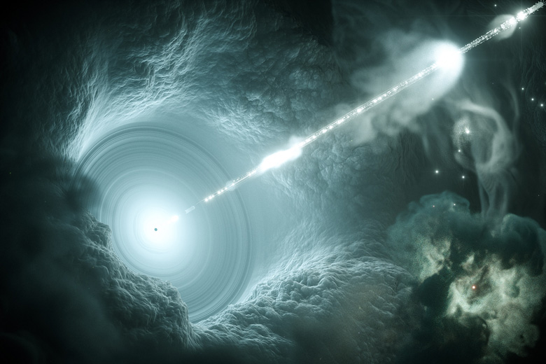 Künstlerische Darstellung: Ein Teilchenjet schießt aus einem schwarzen Loch