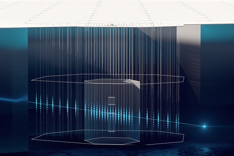 Visualisierung der IceCube-Gen2-Konstruktion unter der Eisoberfläche. Ein Neutrinoereignis löst Lichtsignale in den optischen Sensoren unter der Eisoberfläche aus.